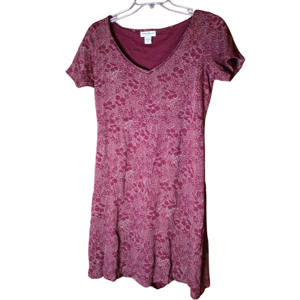 Vintage Eddie Bauer Petite M 100% Cotton Floral V-Neck Short Sleeve Dress